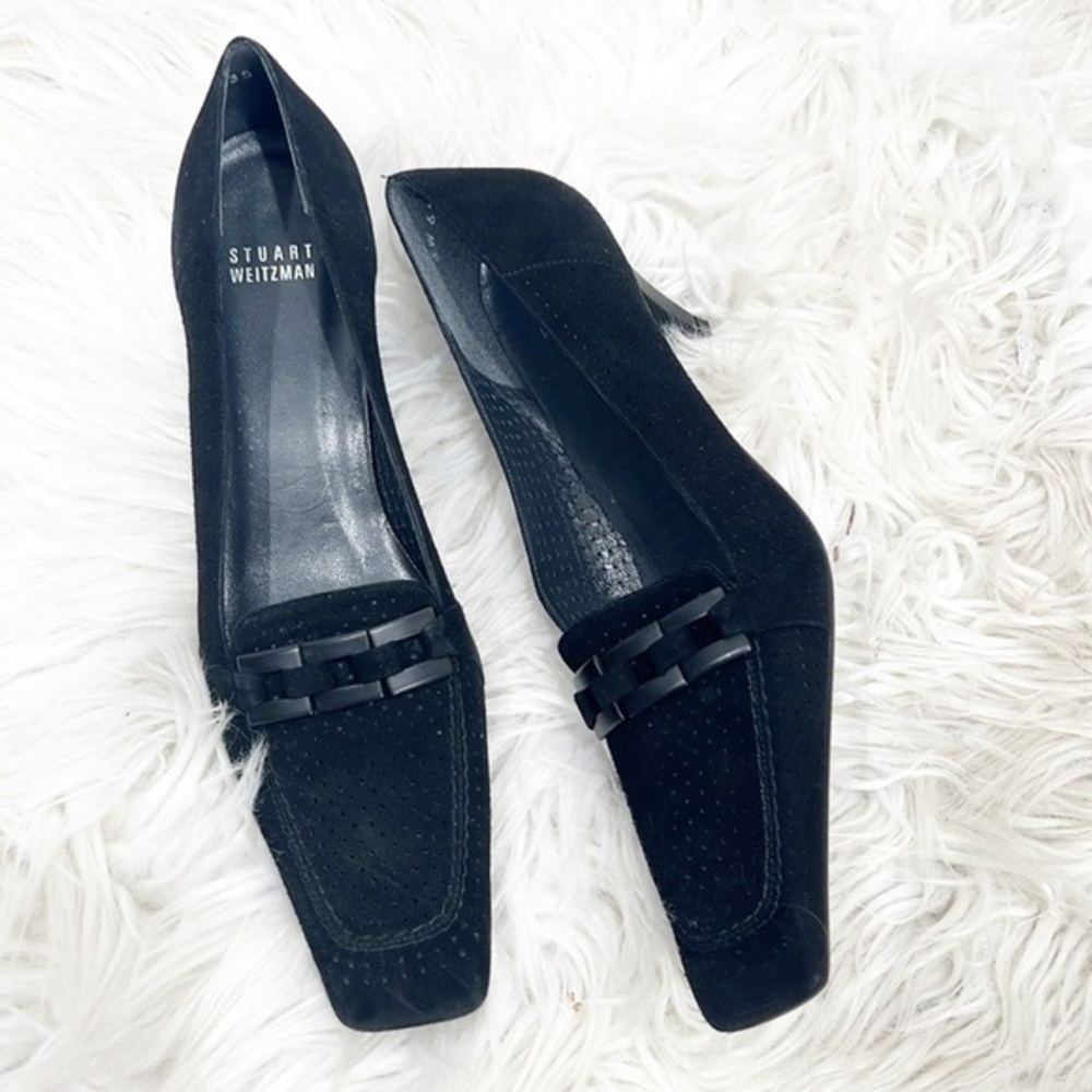 90S Vintage Stuart Weitzman Black Suede Perforated Loafers 8.5 Narrow 8 1/2